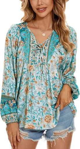 Vogebund Women's Floral Boho Tunic Tops Casual Long Sleeve Loose Beach Blouses Self-Tie V Neck T Shirts