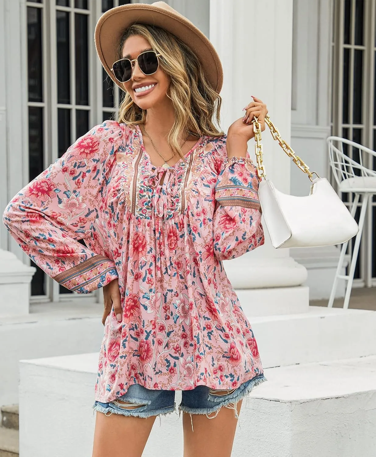 Vogebund Women's Floral Boho Tunic Tops Casual Long Sleeve Loose Beach Blouses Self-Tie V Neck T Shirts