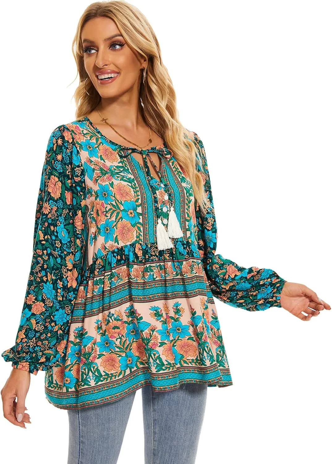 Vogebund Women's Floral Boho Tunic Tops Casual Long Sleeve Loose Beach Blouses Self-Tie V Neck T Shirts