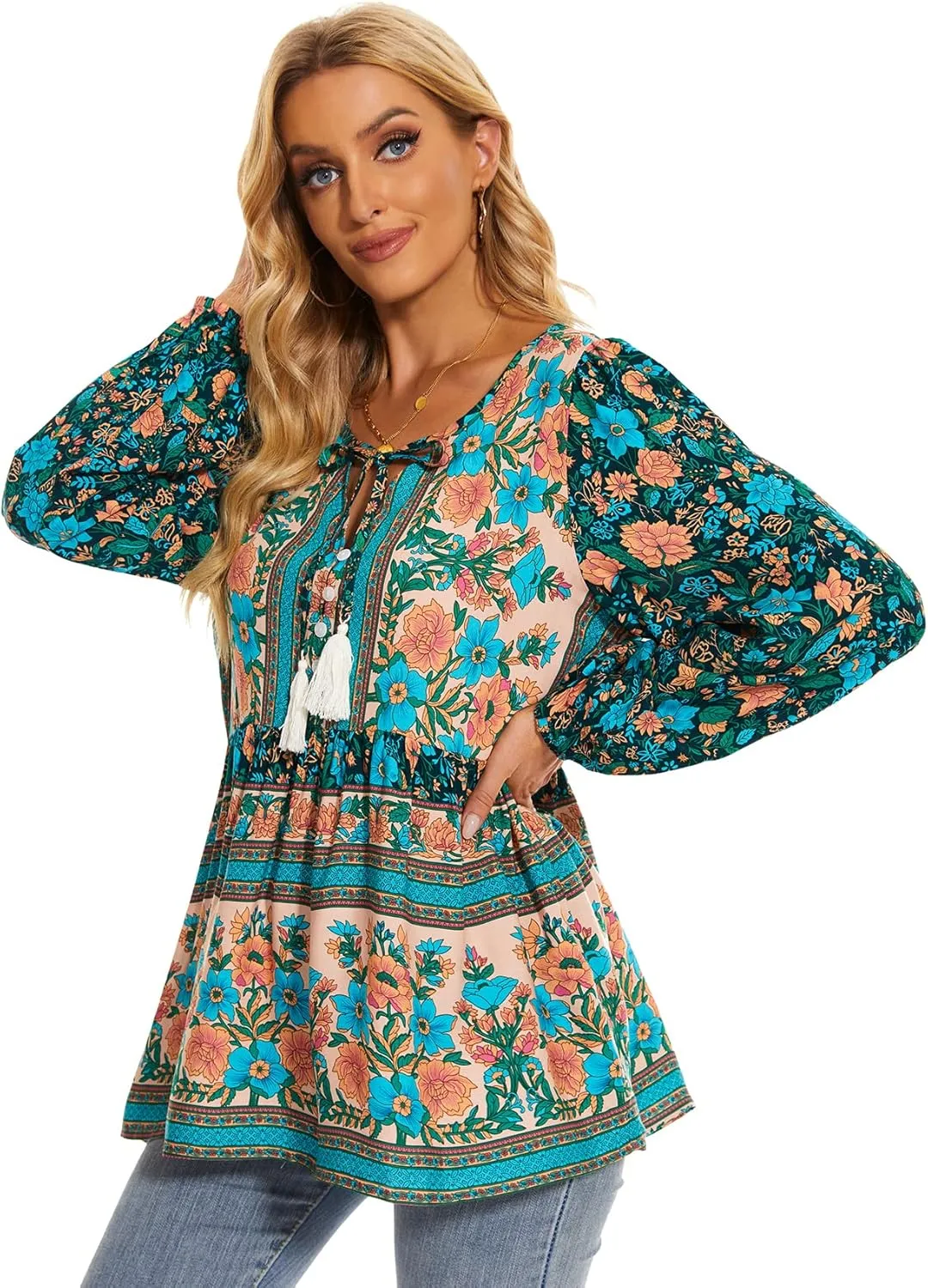 Vogebund Women's Floral Boho Tunic Tops Casual Long Sleeve Loose Beach Blouses Self-Tie V Neck T Shirts