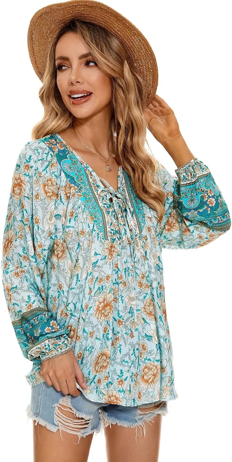 Vogebund Women's Floral Boho Tunic Tops Casual Long Sleeve Loose Beach Blouses Self-Tie V Neck T Shirts