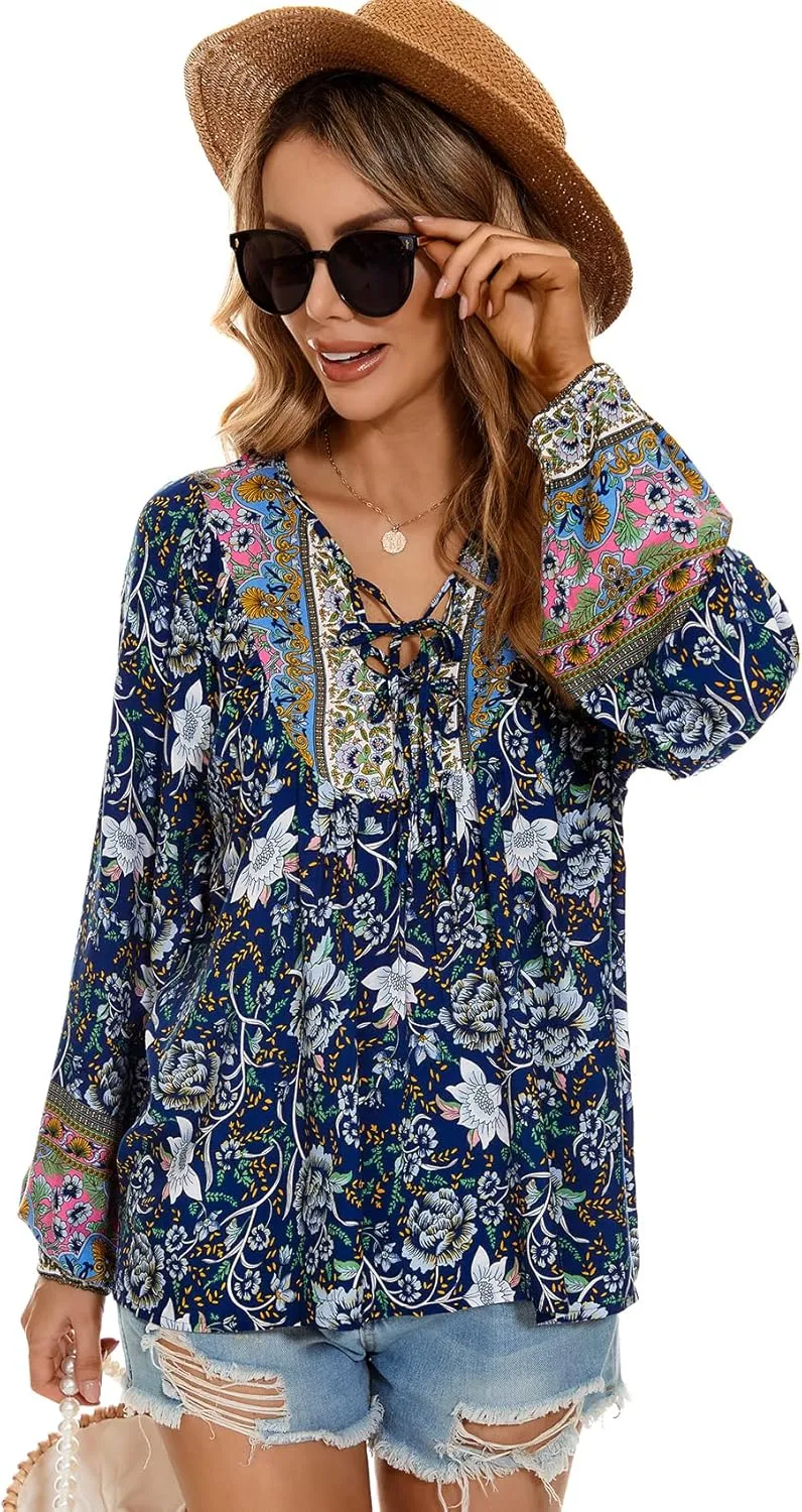 Vogebund Women's Floral Boho Tunic Tops Casual Long Sleeve Loose Beach Blouses Self-Tie V Neck T Shirts