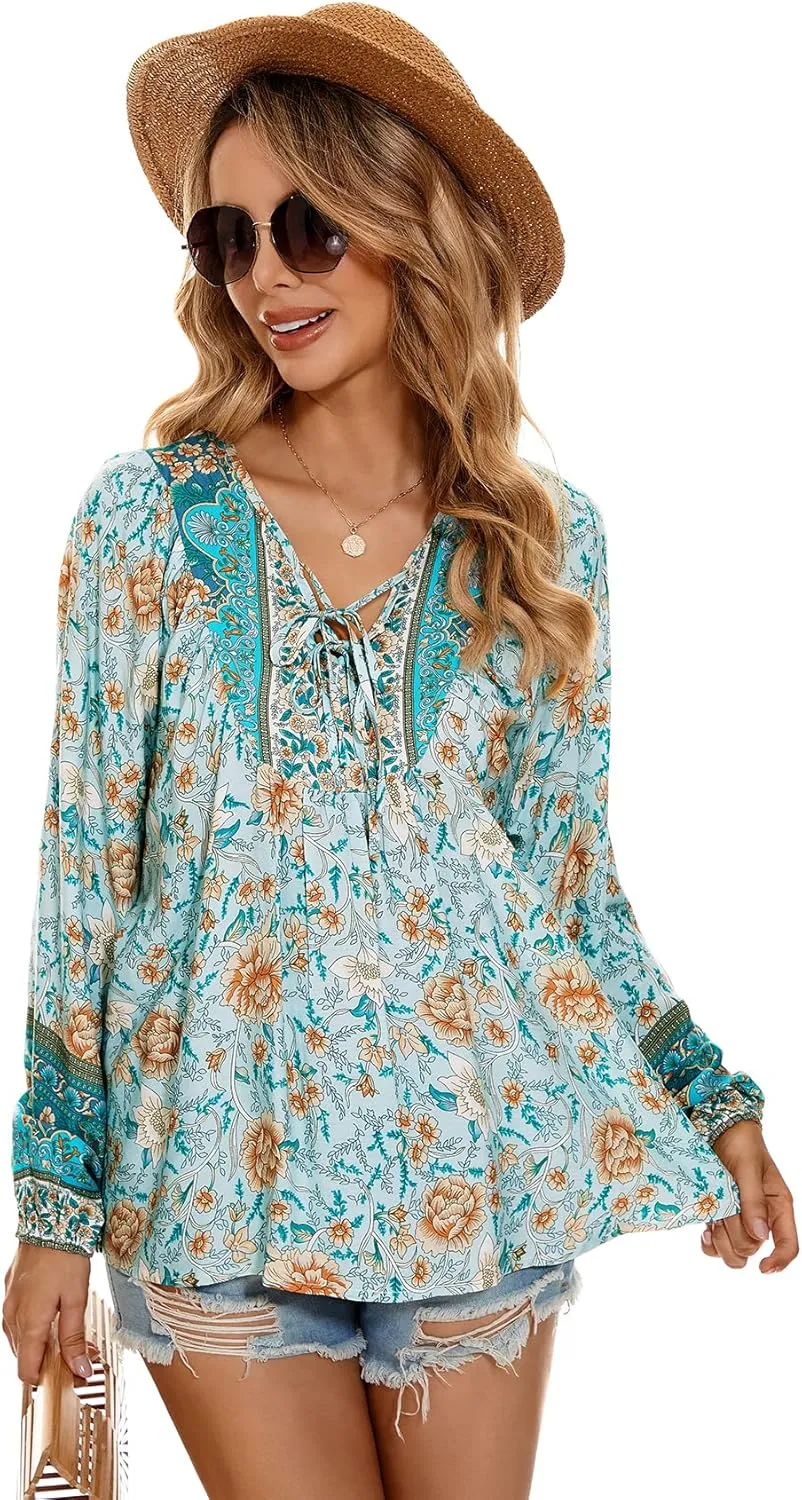 Vogebund Women's Floral Boho Tunic Tops Casual Long Sleeve Loose Beach Blouses Self-Tie V Neck T Shirts