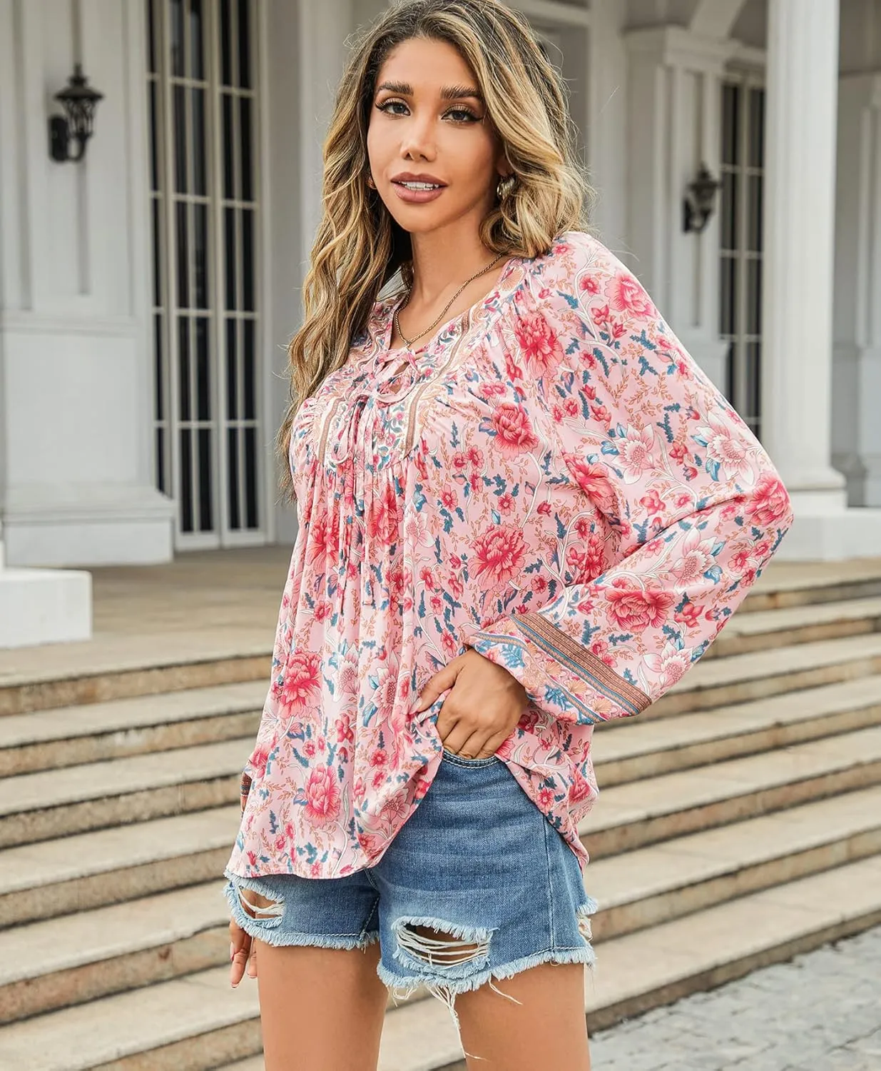 Vogebund Women's Floral Boho Tunic Tops Casual Long Sleeve Loose Beach Blouses Self-Tie V Neck T Shirts