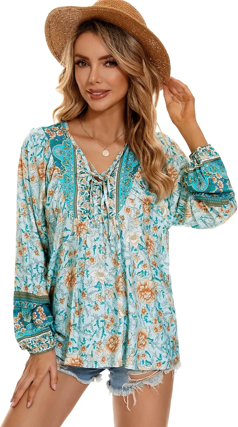 Vogebund Women's Floral Boho Tunic Tops Casual Long Sleeve Loose Beach Blouses Self-Tie V Neck T Shirts