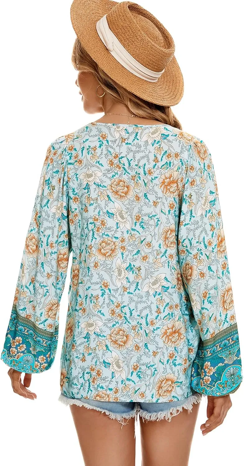 Vogebund Women's Floral Boho Tunic Tops Casual Long Sleeve Loose Beach Blouses Self-Tie V Neck T Shirts