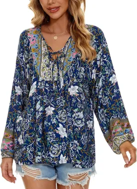 Vogebund Women's Floral Boho Tunic Tops Casual Long Sleeve Loose Beach Blouses Self-Tie V Neck T Shirts