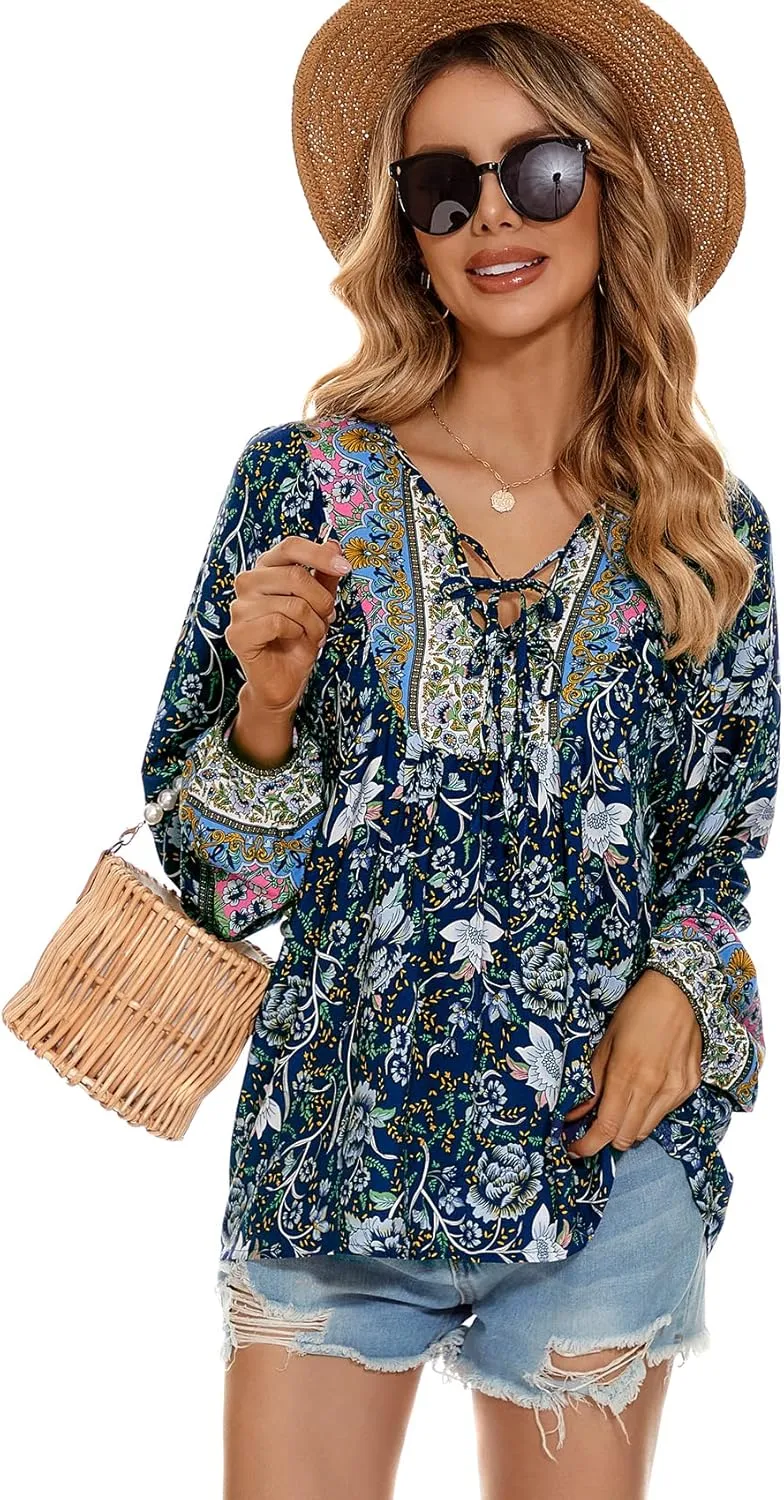 Vogebund Women's Floral Boho Tunic Tops Casual Long Sleeve Loose Beach Blouses Self-Tie V Neck T Shirts