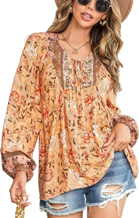 Vogebund Women's Floral Boho Tunic Tops Casual Long Sleeve Loose Beach Blouses Self-Tie V Neck T Shirts