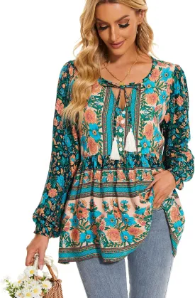 Vogebund Women's Floral Boho Tunic Tops Casual Long Sleeve Loose Beach Blouses Self-Tie V Neck T Shirts