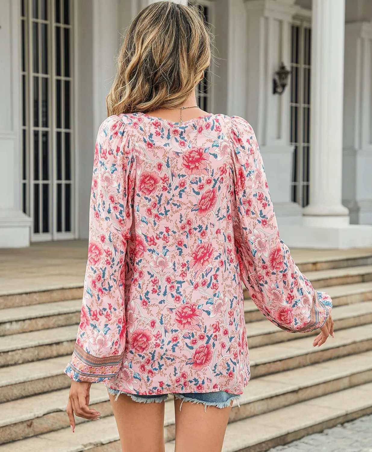 Vogebund Women's Floral Boho Tunic Tops Casual Long Sleeve Loose Beach Blouses Self-Tie V Neck T Shirts