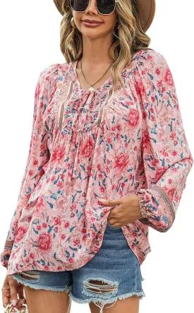 Vogebund Women's Floral Boho Tunic Tops Casual Long Sleeve Loose Beach Blouses Self-Tie V Neck T Shirts