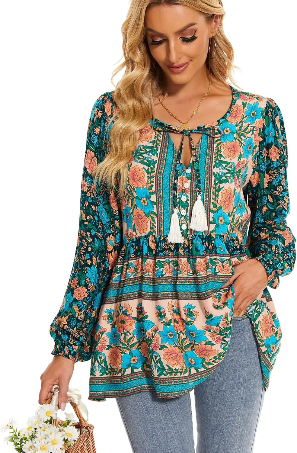 Vogebund Women's Floral Boho Tunic Tops Casual Long Sleeve Loose Beach Blouses Self-Tie V Neck T Shirts