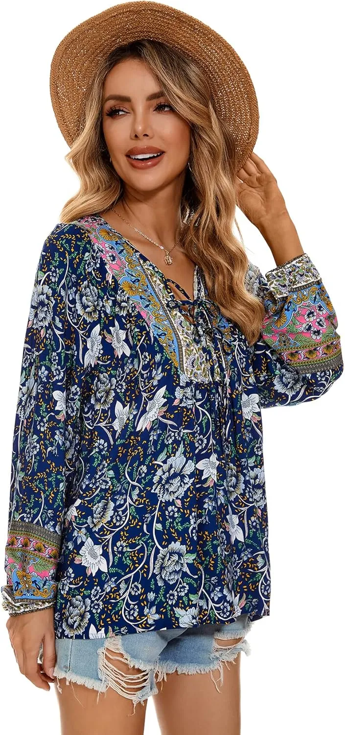 Vogebund Women's Floral Boho Tunic Tops Casual Long Sleeve Loose Beach Blouses Self-Tie V Neck T Shirts