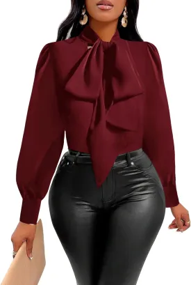 Vrtige Women's Elegant Bow Tie Neck Long Sleeve Blouse Office Shirt Top