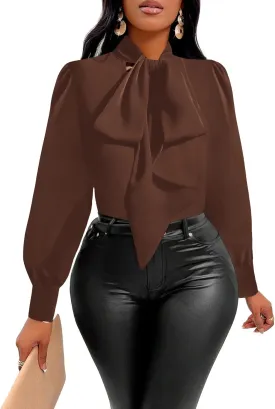 Vrtige Women's Elegant Bow Tie Neck Long Sleeve Blouse Office Shirt Top