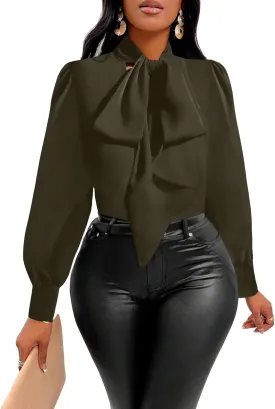Vrtige Women's Elegant Bow Tie Neck Long Sleeve Blouse Office Shirt Top