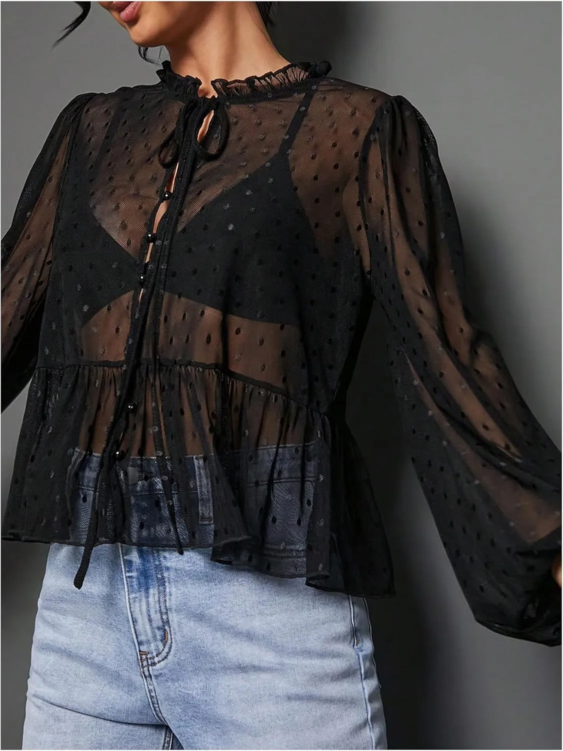 WDIRARA Women's Polka Dots Sheer Mesh Blouses Flared Tie Neck Lantern Sleeve Shirts