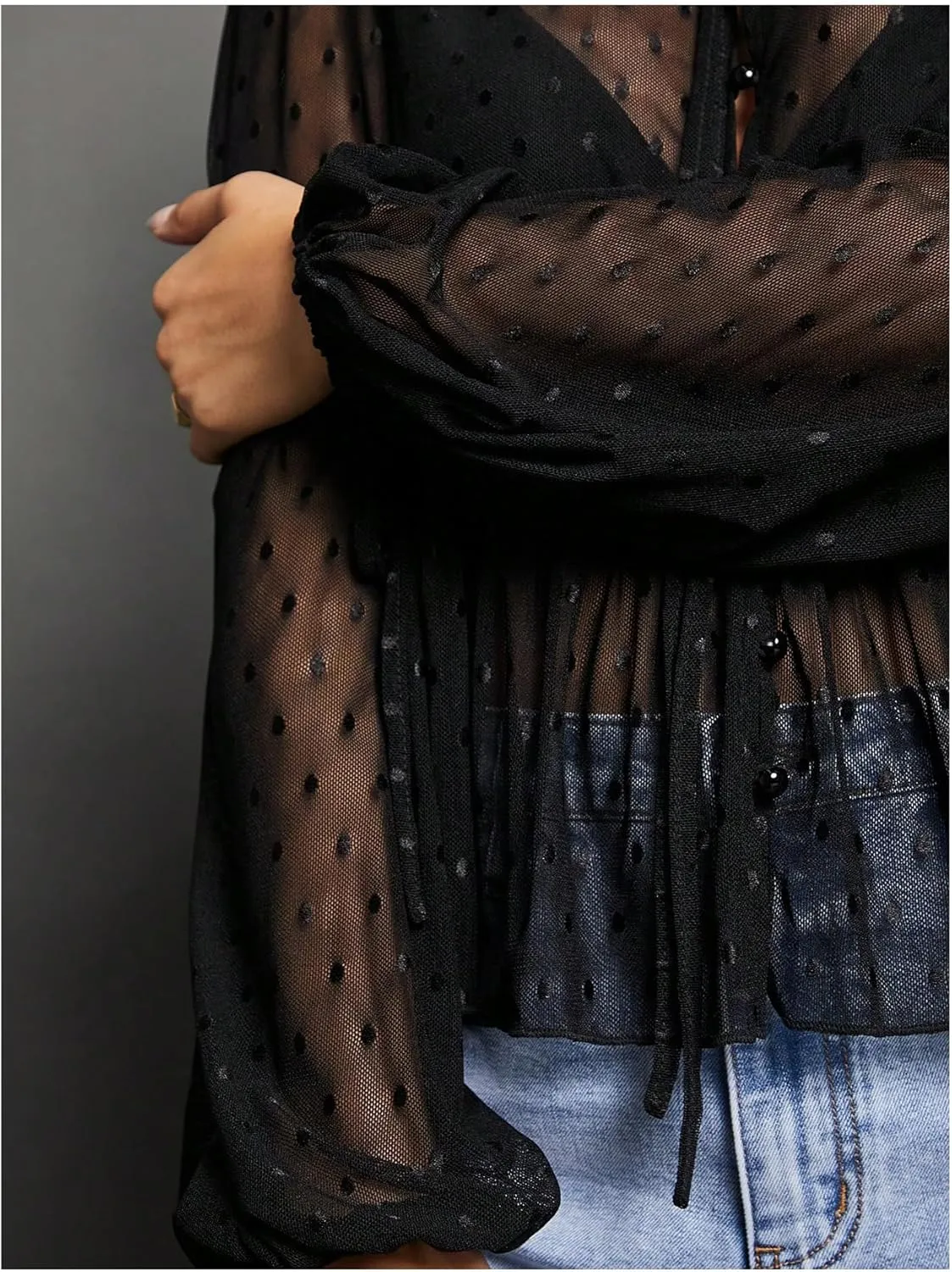 WDIRARA Women's Polka Dots Sheer Mesh Blouses Flared Tie Neck Lantern Sleeve Shirts