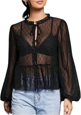 WDIRARA Women's Polka Dots Sheer Mesh Blouses Flared Tie Neck Lantern Sleeve Shirts