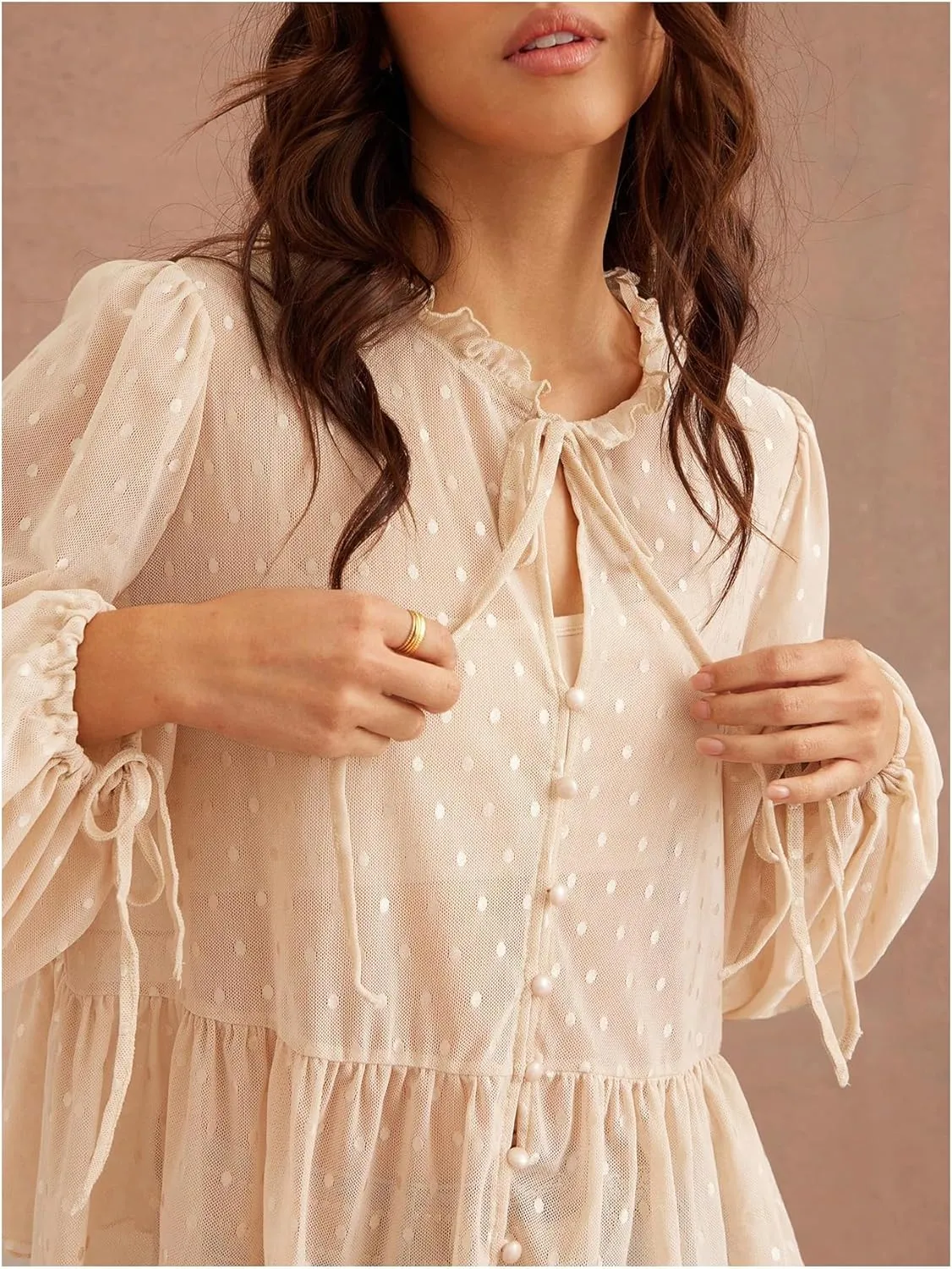 WDIRARA Women's Polka Dots Sheer Mesh Blouses Flared Tie Neck Lantern Sleeve Shirts