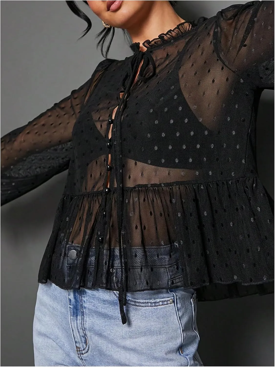 WDIRARA Women's Polka Dots Sheer Mesh Blouses Flared Tie Neck Lantern Sleeve Shirts