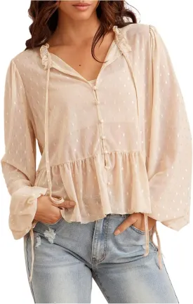 WDIRARA Women's Polka Dots Sheer Mesh Blouses Flared Tie Neck Lantern Sleeve Shirts
