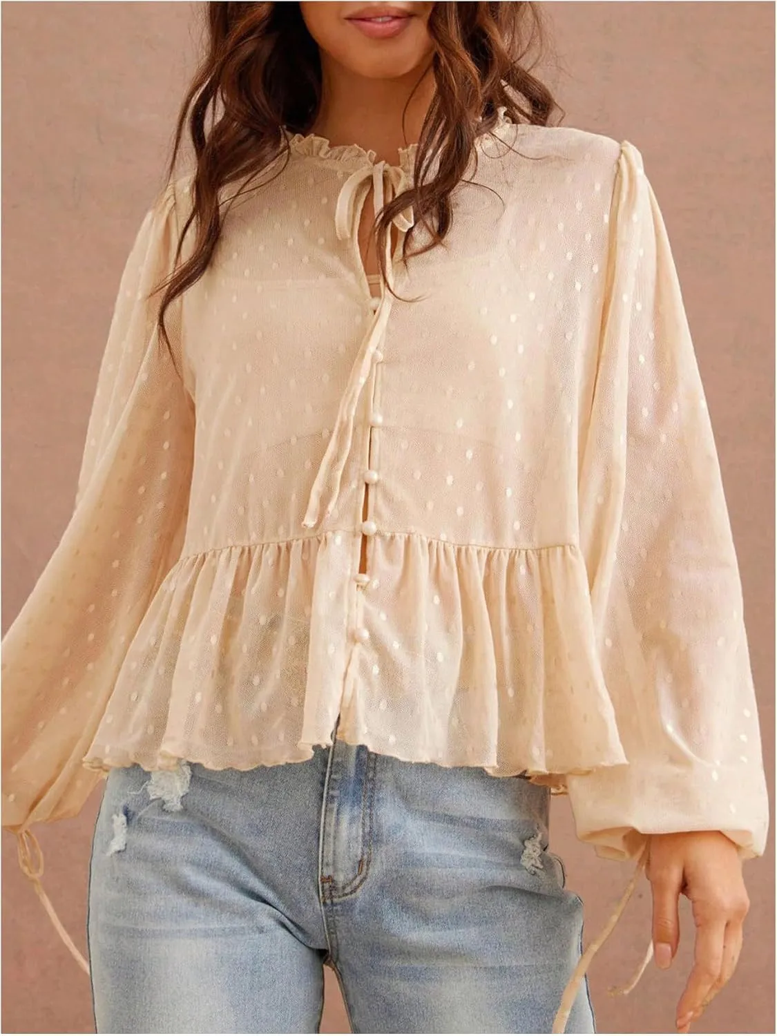 WDIRARA Women's Polka Dots Sheer Mesh Blouses Flared Tie Neck Lantern Sleeve Shirts