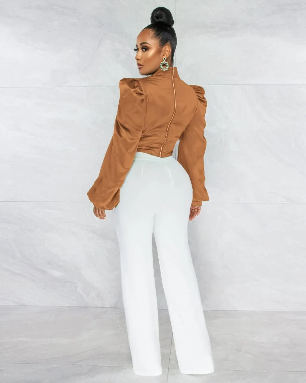White Blouse for Women Puffy Long Sleeve Mock Neck Tops Satin Silk Shirts Work Blouses