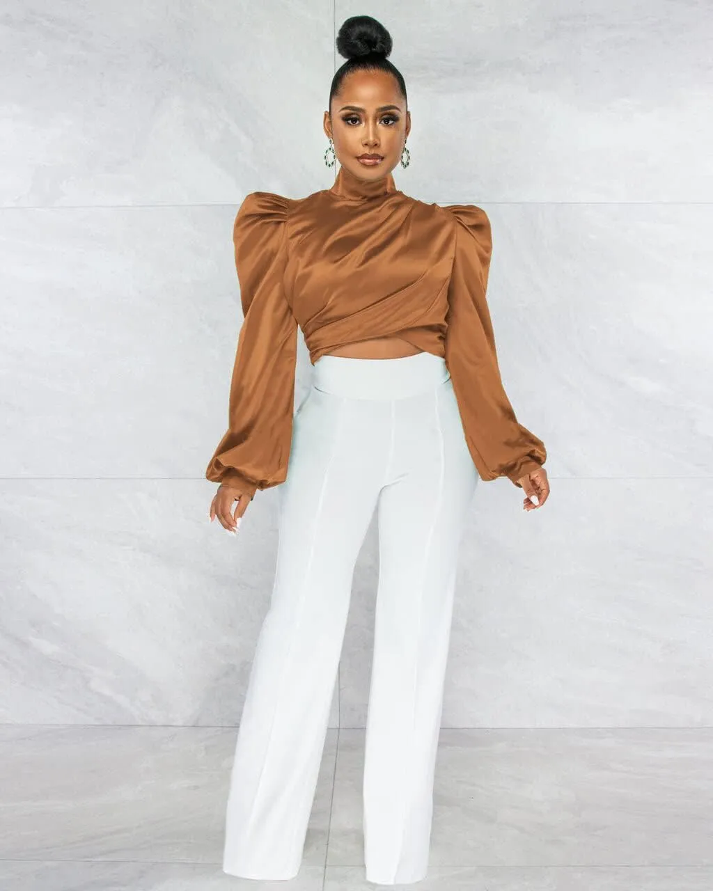 White Blouse for Women Puffy Long Sleeve Mock Neck Tops Satin Silk Shirts Work Blouses