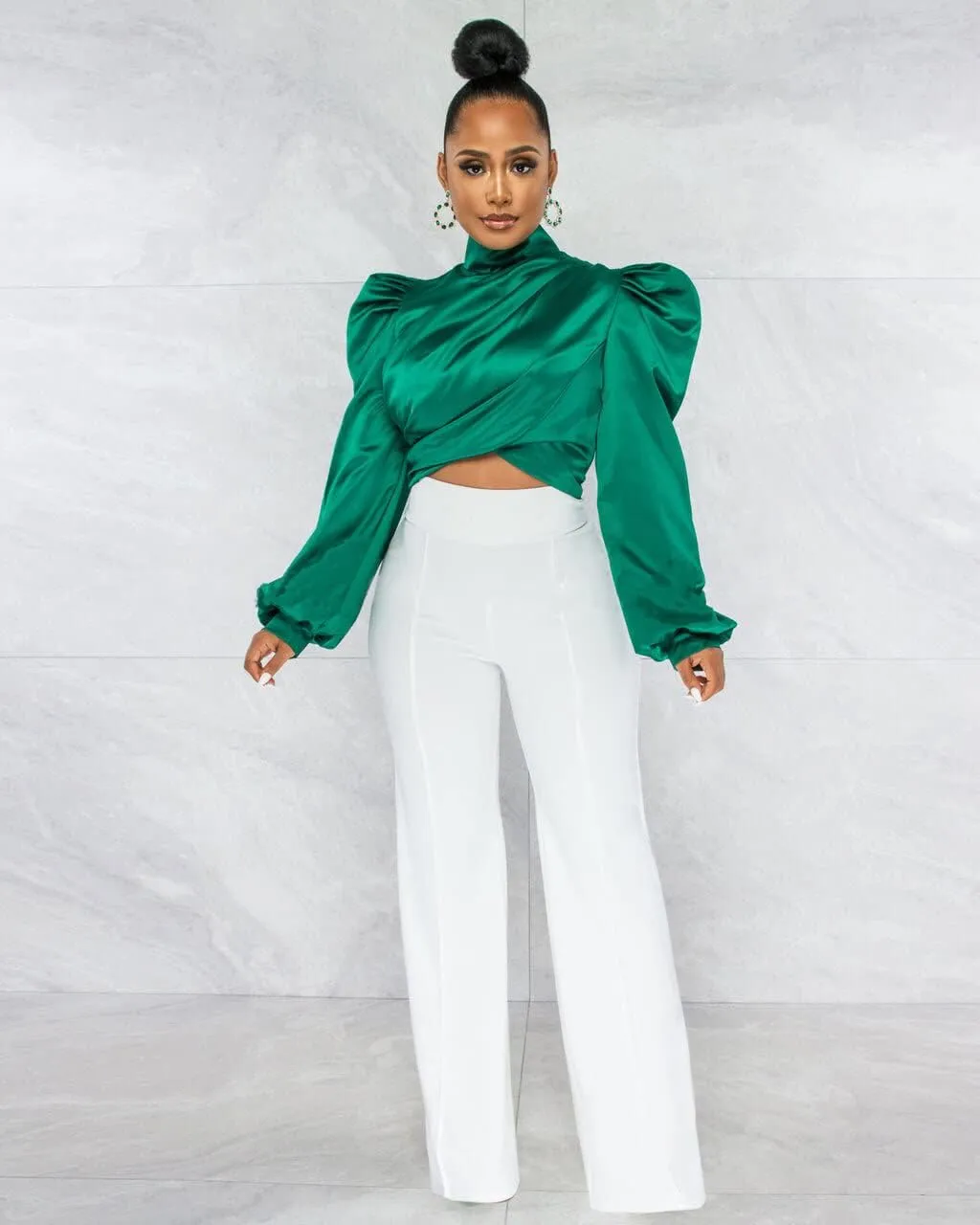 White Blouse for Women Puffy Long Sleeve Mock Neck Tops Satin Silk Shirts Work Blouses