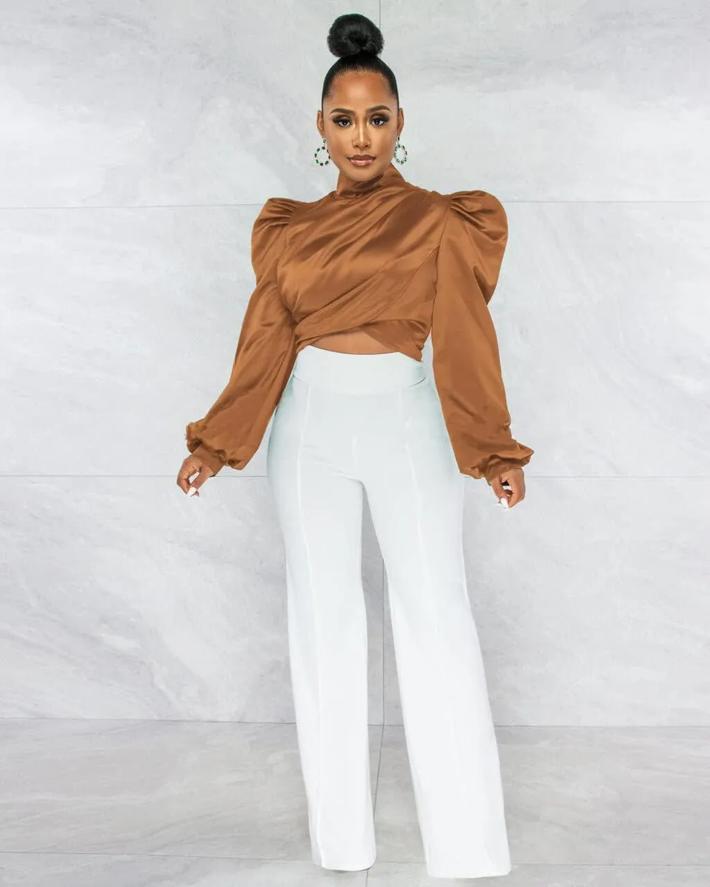 White Blouse for Women Puffy Long Sleeve Mock Neck Tops Satin Silk Shirts Work Blouses