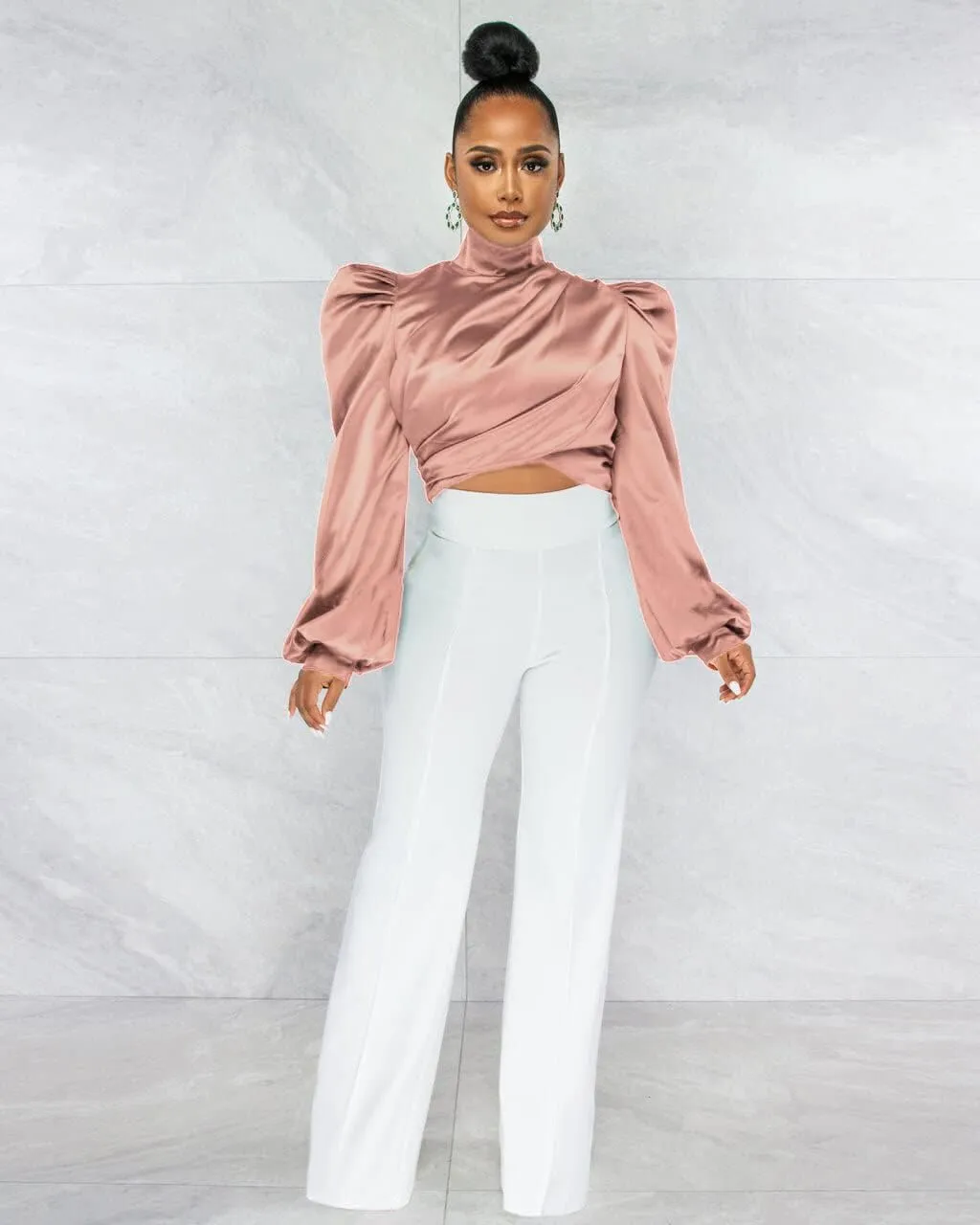White Blouse for Women Puffy Long Sleeve Mock Neck Tops Satin Silk Shirts Work Blouses