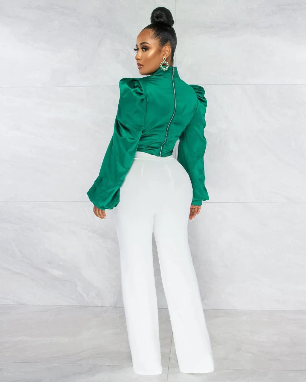 White Blouse for Women Puffy Long Sleeve Mock Neck Tops Satin Silk Shirts Work Blouses