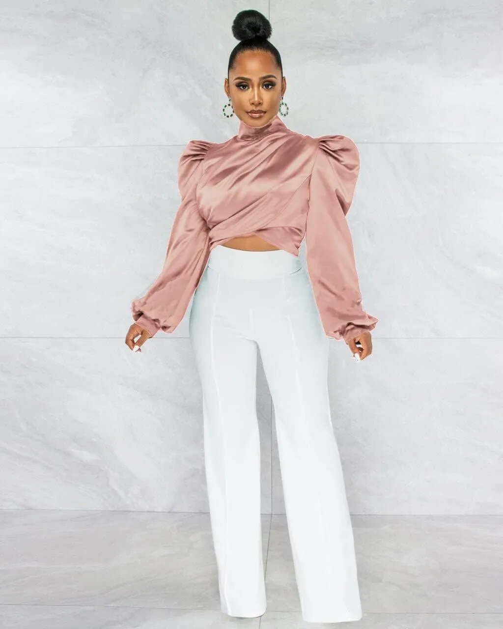 White Blouse for Women Puffy Long Sleeve Mock Neck Tops Satin Silk Shirts Work Blouses