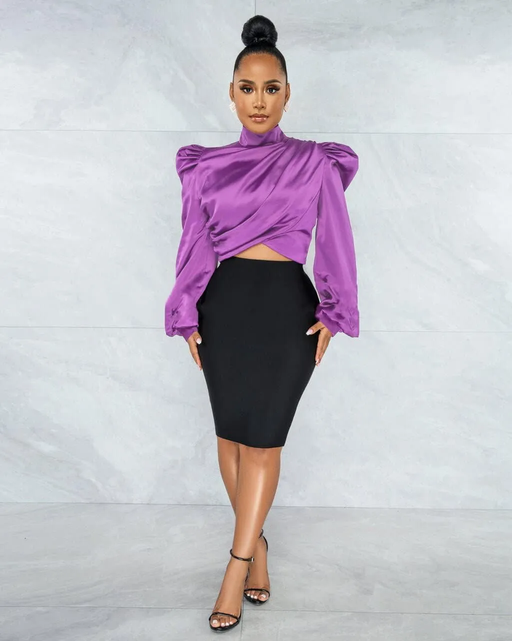 White Blouse for Women Puffy Long Sleeve Mock Neck Tops Satin Silk Shirts Work Blouses