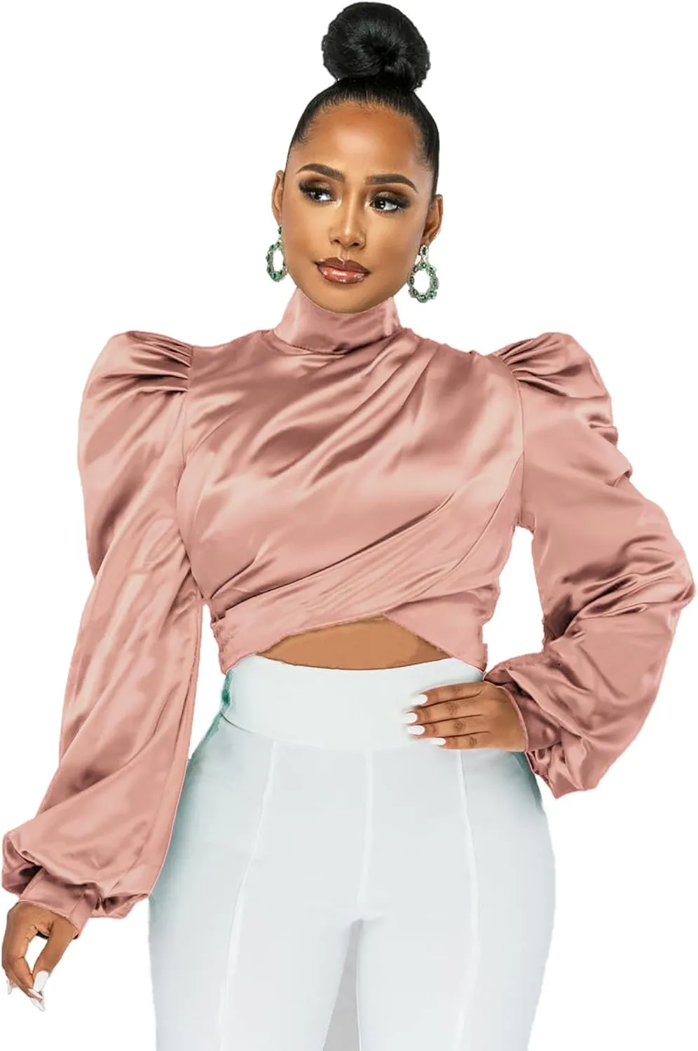 White Blouse for Women Puffy Long Sleeve Mock Neck Tops Satin Silk Shirts Work Blouses