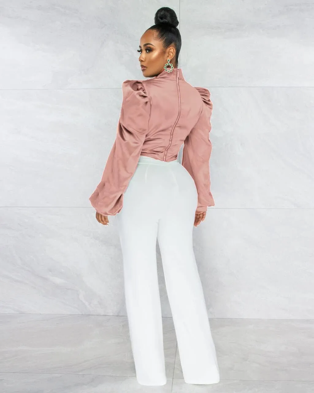 White Blouse for Women Puffy Long Sleeve Mock Neck Tops Satin Silk Shirts Work Blouses