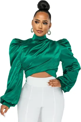 White Blouse for Women Puffy Long Sleeve Mock Neck Tops Satin Silk Shirts Work Blouses