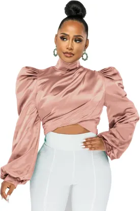 White Blouse for Women Puffy Long Sleeve Mock Neck Tops Satin Silk Shirts Work Blouses