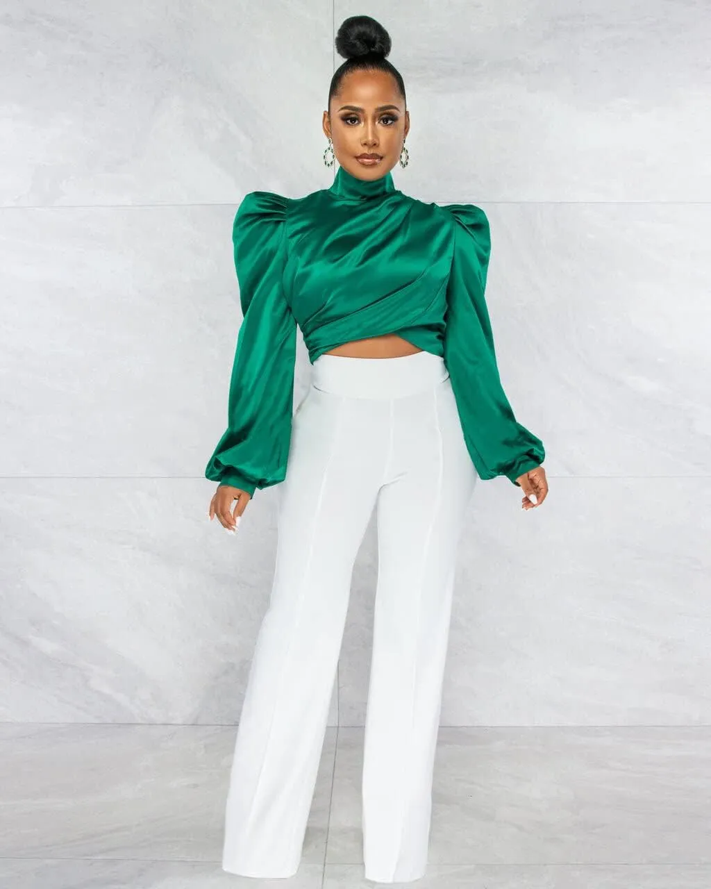 White Blouse for Women Puffy Long Sleeve Mock Neck Tops Satin Silk Shirts Work Blouses