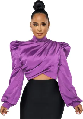 White Blouse for Women Puffy Long Sleeve Mock Neck Tops Satin Silk Shirts Work Blouses