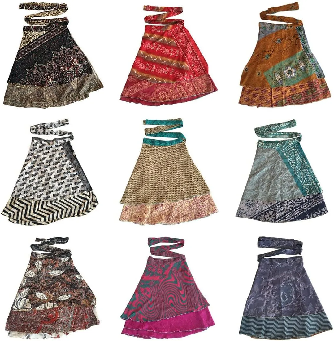 Wholesale 5 Pcs Lot Two Layers Women's Indian Sari Magic Wrap Around Mini Skirts Short Skirts