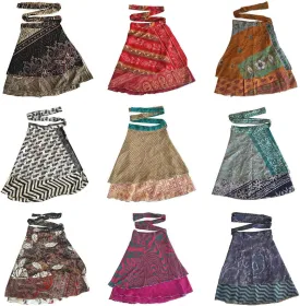 Wholesale 5 Pcs Lot Two Layers Women's Indian Sari Magic Wrap Around Mini Skirts Short Skirts