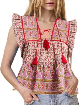 Women Boho Tie Front Peplum Top Floral Print Flowy Fringe Shirt Square Neck Ruffle Tank Top Going Out Blouse Tops