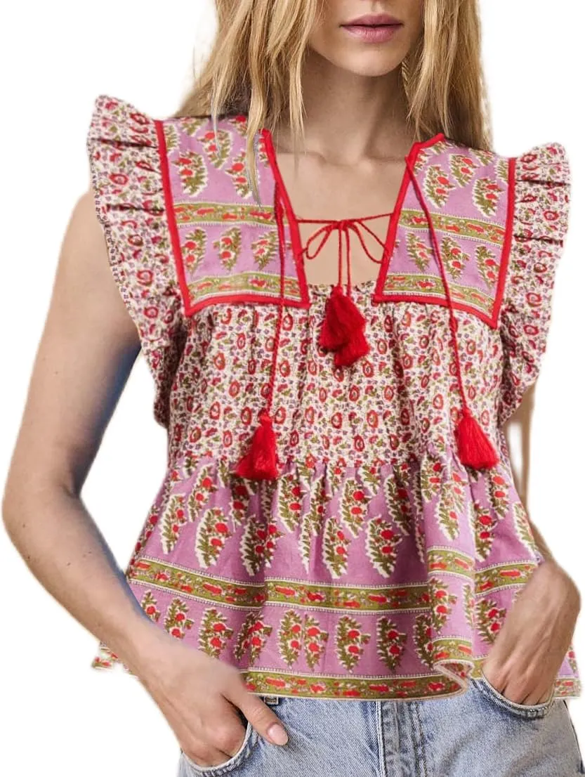Women Boho Tie Front Peplum Top Floral Print Flowy Fringe Shirt Square Neck Ruffle Tank Top Going Out Blouse Tops