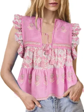 Women Boho Tie Front Peplum Top Floral Print Flowy Fringe Shirt Square Neck Ruffle Tank Top Going Out Blouse Tops