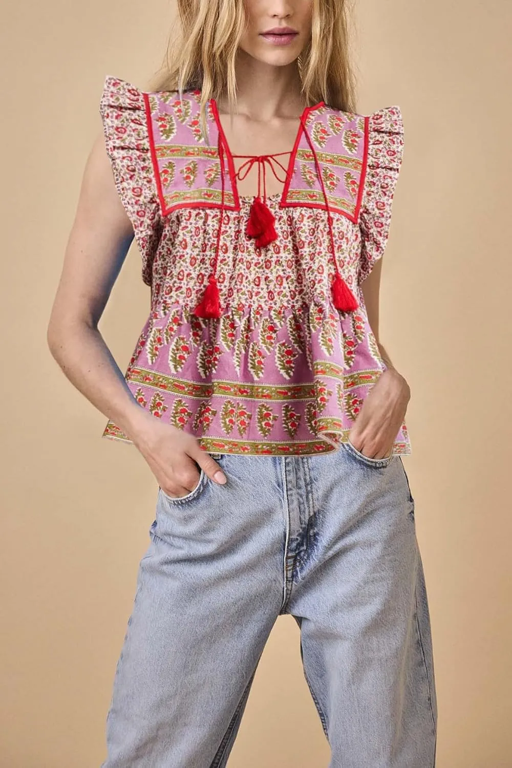 Women Boho Tie Front Peplum Top Floral Print Flowy Fringe Shirt Square Neck Ruffle Tank Top Going Out Blouse Tops