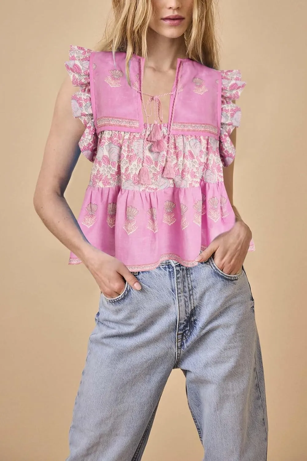 Women Boho Tie Front Peplum Top Floral Print Flowy Fringe Shirt Square Neck Ruffle Tank Top Going Out Blouse Tops