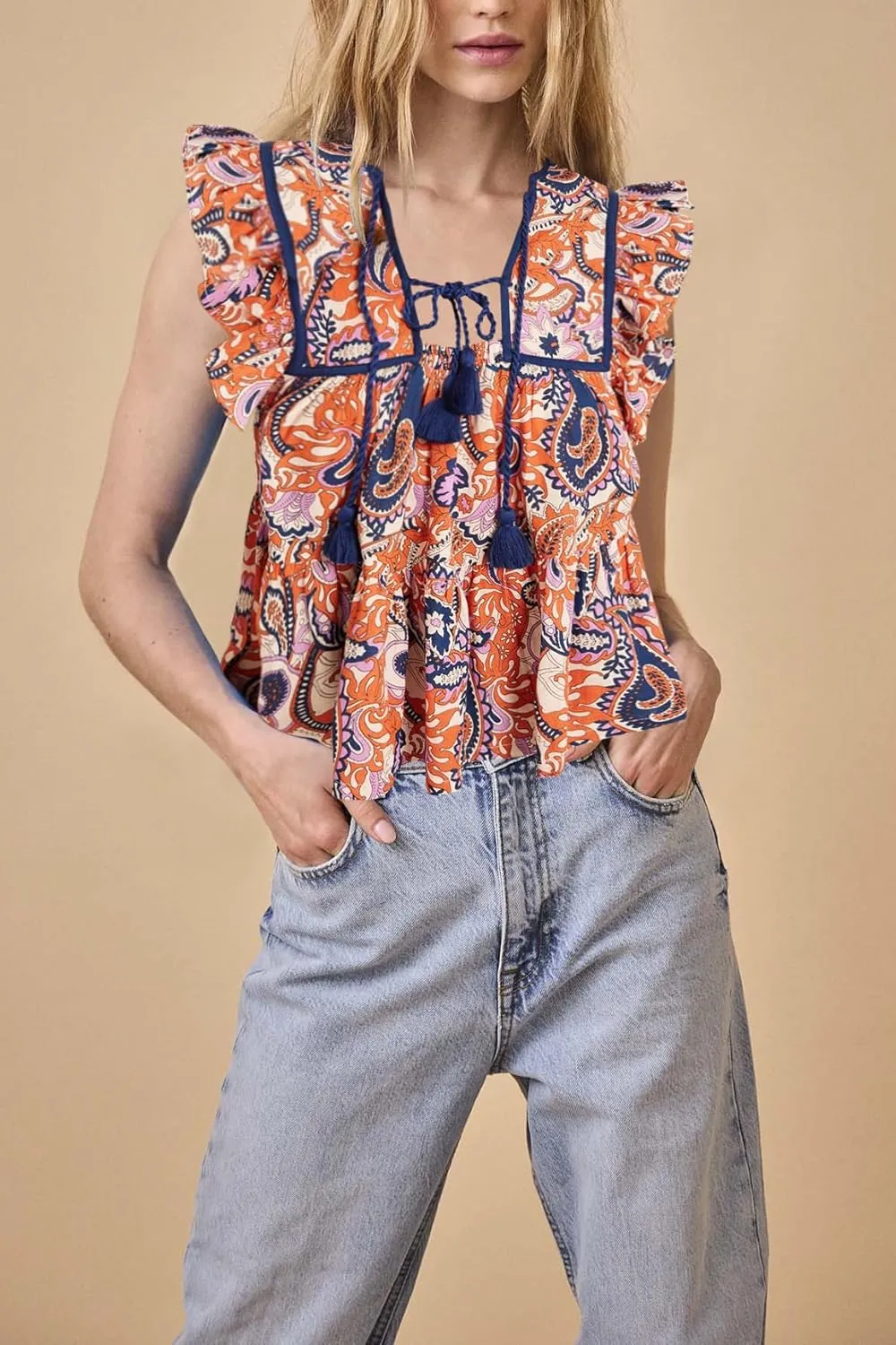 Women Boho Tie Front Peplum Top Floral Print Flowy Fringe Shirt Square Neck Ruffle Tank Top Going Out Blouse Tops